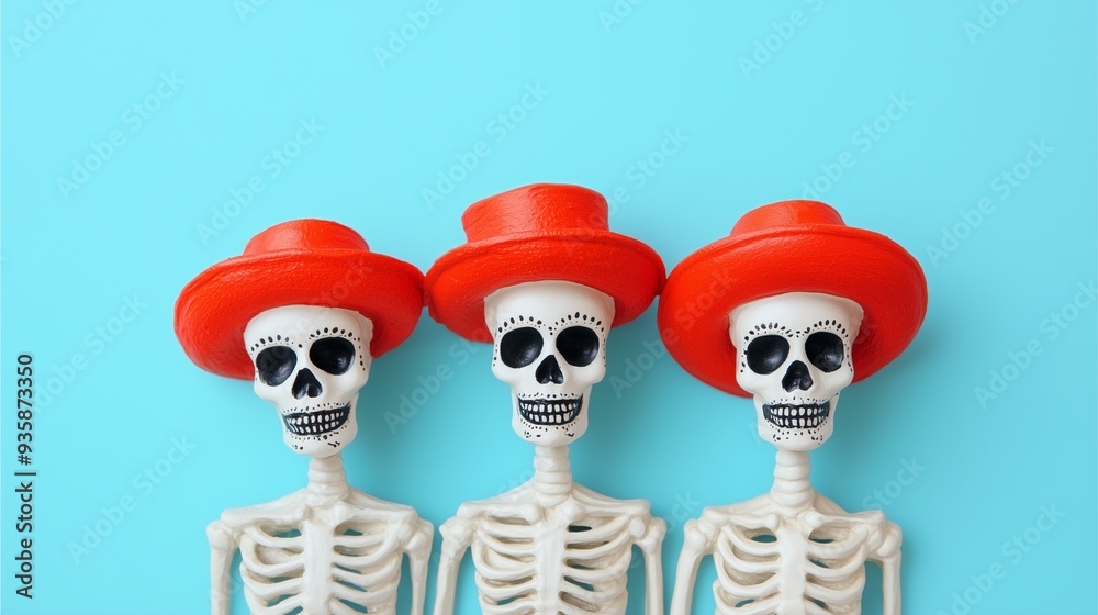 Day of the Dead Theme: Three Skeletons Wearing Red Hats on Blue Background for Dia de los Muertos. Day of the Dead Theme: Three Skeletons Wearing Red Hats on Blue Background for Dia de los Muertos.