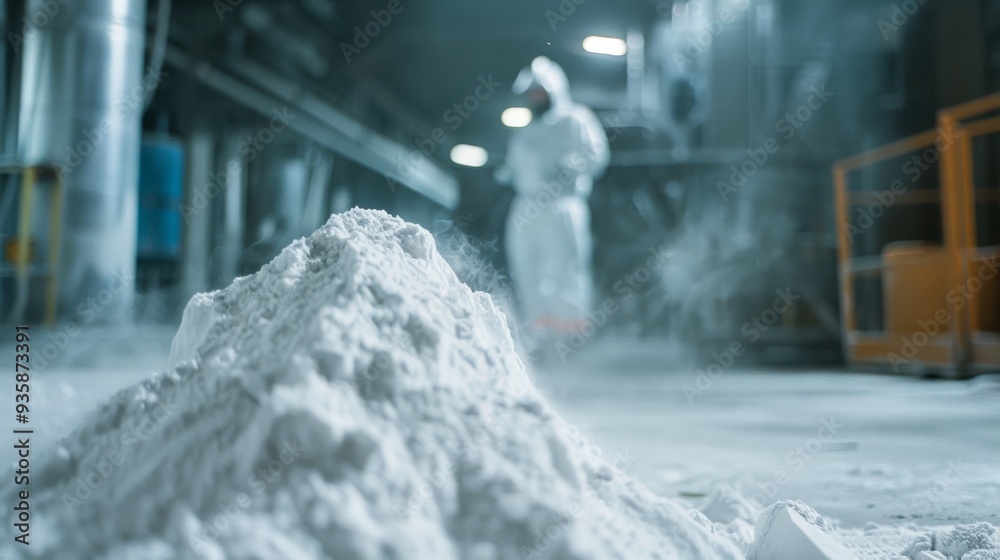 Fototapeta premium Mound of white powder in an industrial setting, suggesting production or manufacturing, with a worker in the background.