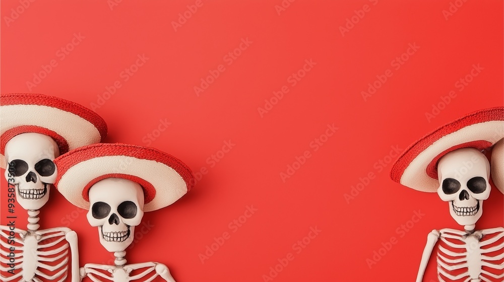 Day of the Dead Theme: Three Day of the Dead skeletons wearing sombreros on red background. Day of the Dead Theme: Three Day of the Dead skeletons wearing sombreros on red background.