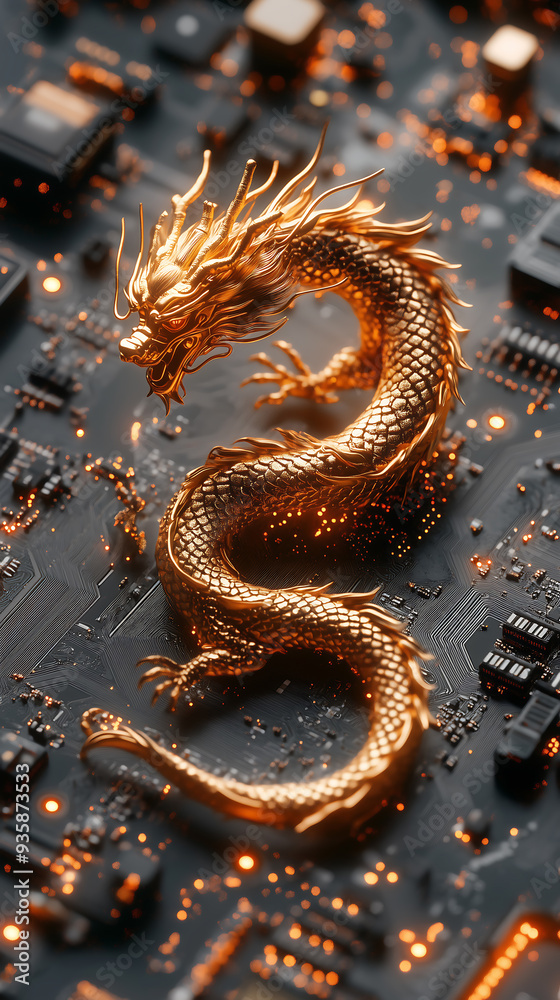 A striking golden dragon figurine intertwined on a circuit board, Chinese chip and semiconductor A striking golden dragon figurine intertwined on a circuit board, Chinese chip and semiconductor