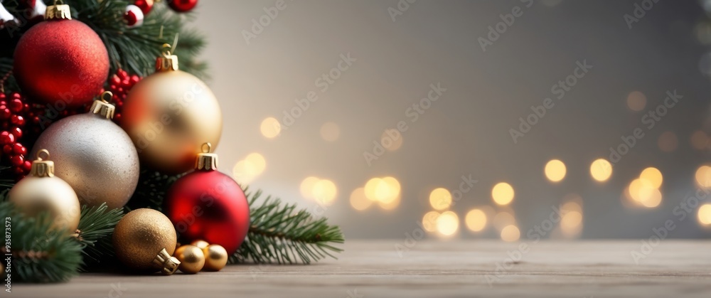 Christmas Ornaments and Pine Sprigs on Wooden Table with Bokeh Lights Christmas Ornaments and Pine Sprigs on Wooden Table with Bokeh Lights