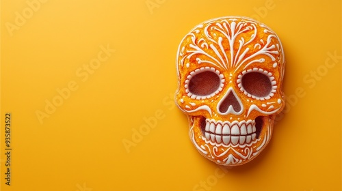 Day of the Dead sugar skull cookie with intricate icing on yellow background.