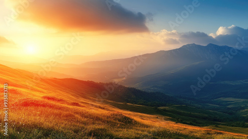 Beautiful sunrise casting golden light over rolling hills with mountains in the background under a partly cloudy sky.