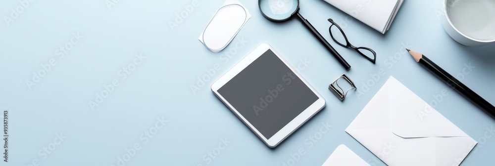 Flat Lay of Office Supplies on Blue Desk - A tablet, a pencil, glasses, an envelope, a magnifying glass, and a white cup are arranged on a blue desk symbolizing productivity, organization, research, c Flat Lay of Office Supplies on Blue Desk - A tablet, a pencil, glasses, an envelope, a magnifying glass, and a white cup are arranged on a blue desk symbolizing productivity, organization, research, c