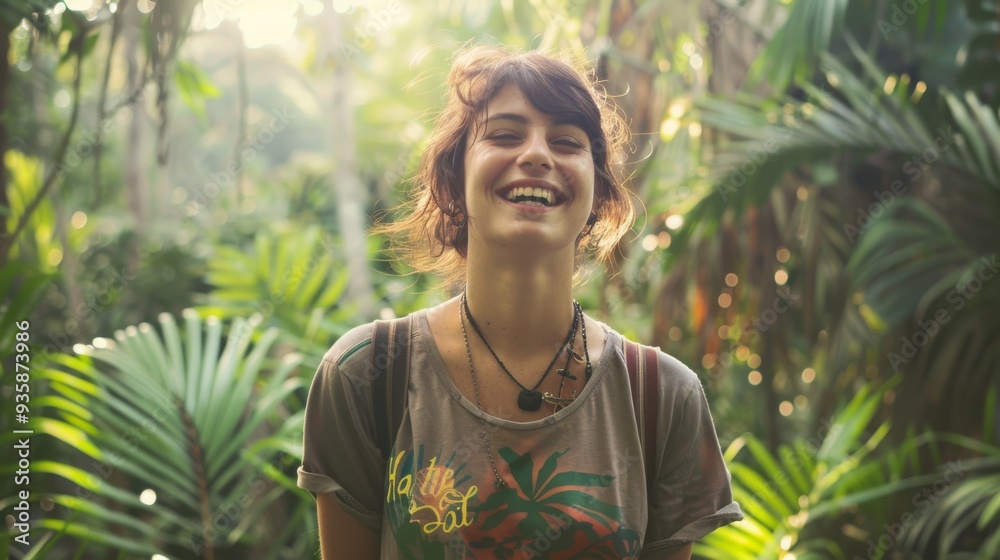 A laughing woman stands in a lush, sunlit jungle, radiating pure joy amidst the verdant greenery, embodying bliss and nature’s enchantment in her light attire. A laughing woman stands in a lush, sunlit jungle, radiating pure joy amidst the verdant greenery, embodying bliss and nature’s enchantment in her light attire.