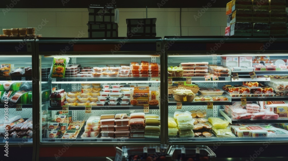 A well-stocked deli counter showcasing a variety of meats, cheeses, and other fresh delicacies arranged neatly under bright lights. A well-stocked deli counter showcasing a variety of meats, cheeses, and other fresh delicacies arranged neatly under bright lights.