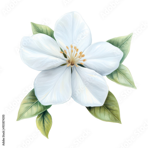 A stunning white flower with delicate petals and vibrant green leaves, perfect for nature and floral-themed designs.