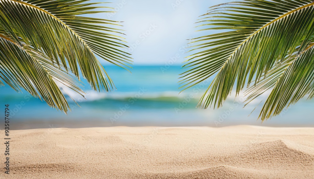 Fototapeta premium seascape with palm branches and clean sand in the foreground