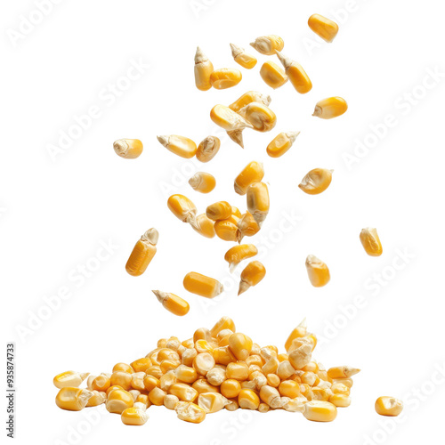 A corn kernels cascading from above, isolated on a white background. photo