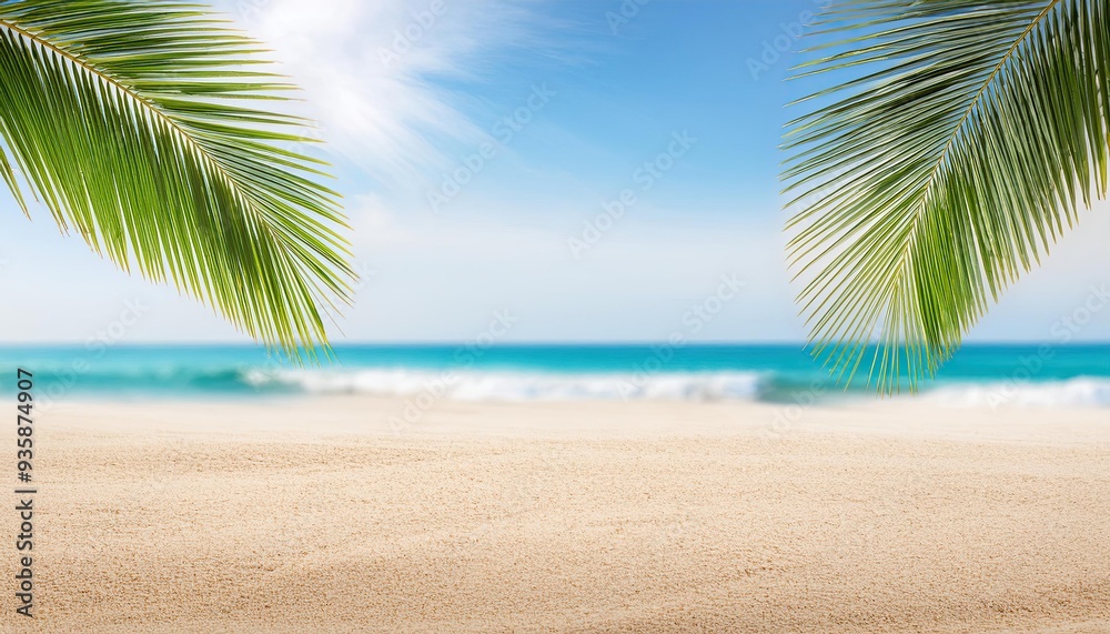 seascape with palm branches and clean sand in the foreground seascape with palm branches and clean sand in the foreground