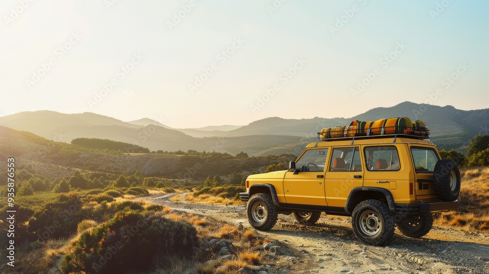 A vibrant yellow off-road vehicle stands on a rugged trail, packed for adventure with scenic mountains and golden sunlight in the backdrop. A vibrant yellow off-road vehicle stands on a rugged trail, packed for adventure with scenic mountains and golden sunlight in the backdrop.