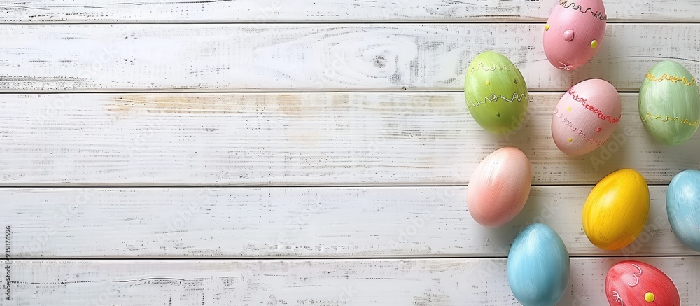 Obraz premium colored easter eggs on a white wooden background. Copy space image. Place for adding text and design