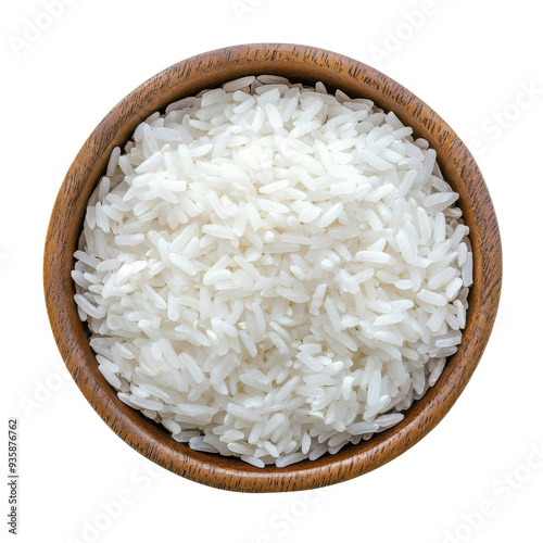 A close-up view of white rice in a wooden bowl isolated on a white background.