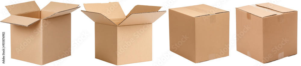 A collection of cardboard boxes in various open and closed positions, isolated on a white background. A collection of cardboard boxes in various open and closed positions, isolated on a white background.