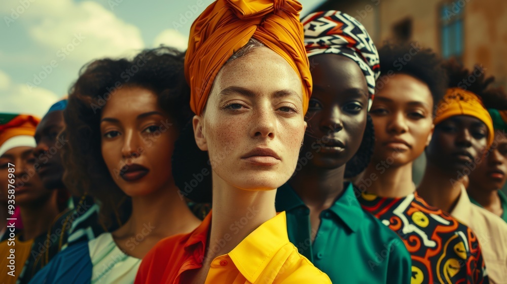 A group of diverse individuals with serious yet confident expressions, exhibiting unique styles and vibrant, colorful headscarves. A group of diverse individuals with serious yet confident expressions, exhibiting unique styles and vibrant, colorful headscarves.