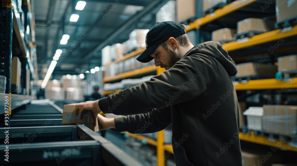 Fototapeta premium A warehouse worker efficiently organizing packages on shelves in a spacious, industrial setting, illustrating diligence and productivity.