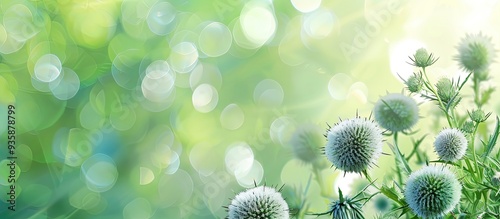 Echinops or Globe Thistle Blurred Green Background Copy Space photo