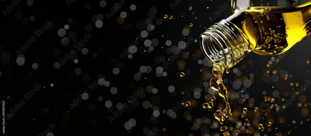 Drizzling olive oil from a bottle against a black background. Copy space image. Place for adding text and design Drizzling olive oil from a bottle against a black background. Copy space image. Place for adding text and design