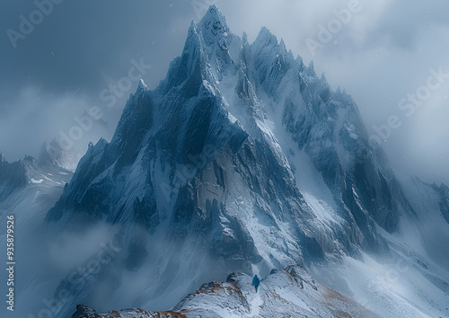 A mountain with snow and clouds .

 photo