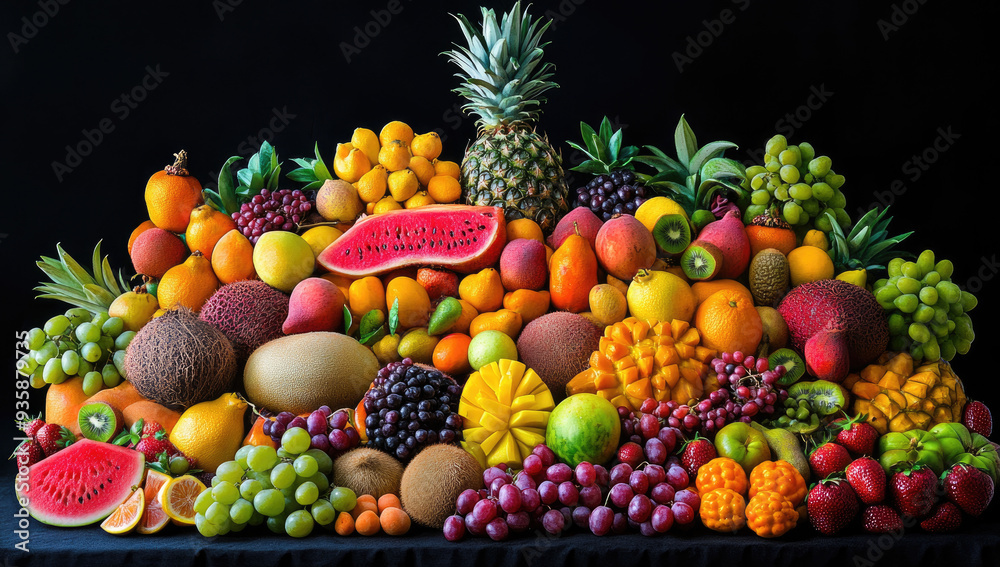 A large display of exotic fruits, including watermelon and dragon fruit, arranged on an ornate table against a dark background. Created with Ai A large display of exotic fruits, including watermelon and dragon fruit, arranged on an ornate table against a dark background. Created with Ai