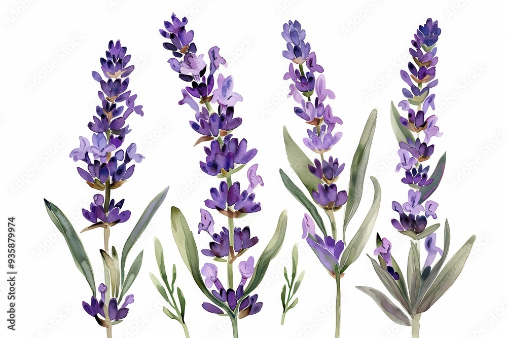 Naklejka premium Lavender Flower. Watercolor Illustration of Lavandula Plants in a Bouquet on White Background