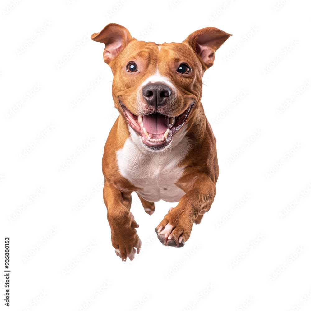 A joyful brown dog running with a big smile isolated on a white background. A joyful brown dog running with a big smile isolated on a white background.