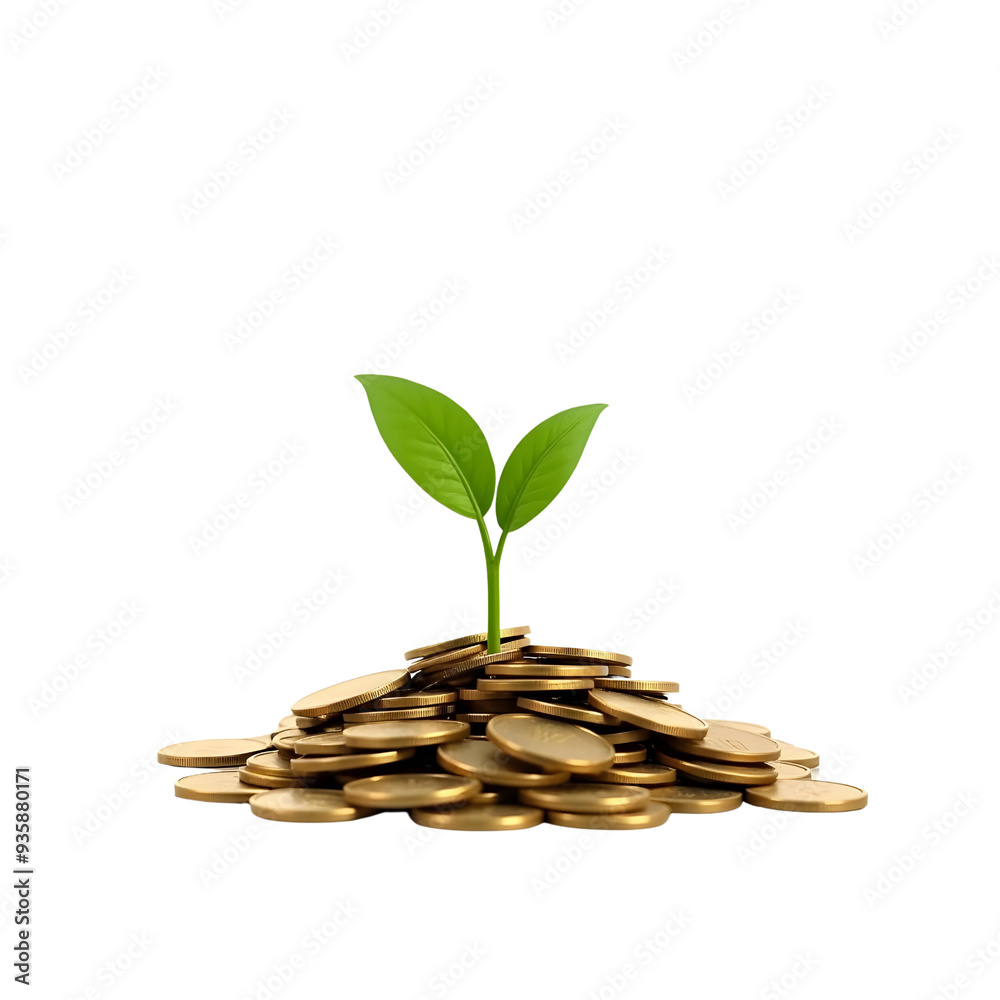 Pile of coins with a growing plant on top symbolizing financial growth isolated on transparent background Pile of coins with a growing plant on top symbolizing financial growth isolated on transparent background