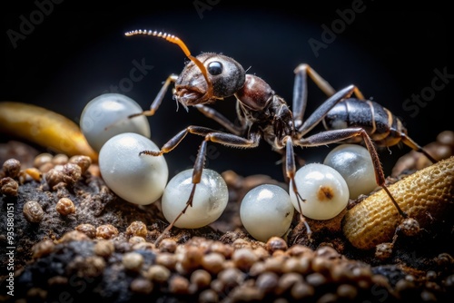 Dramatic, high-contrast, black-and-white Worm's Eye View Shot of pupa transforming into adult ant, surrounded by eggs and larvae, in a dark, mysterious underground lair. photo