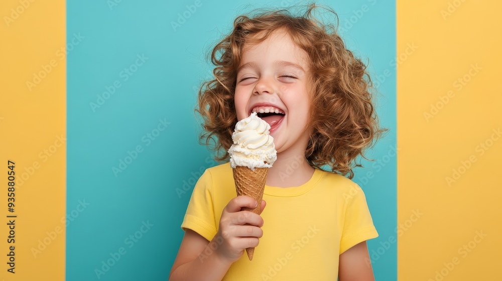 Happy Child Enjoying Ice Cream on a Sunny Day - A young girl with curly hair smiles brightly as she enjoys a delicious ice cream cone. The vibrant colors and playful expression evoke feelings of joy, Happy Child Enjoying Ice Cream on a Sunny Day - A young girl with curly hair smiles brightly as she enjoys a delicious ice cream cone. The vibrant colors and playful expression evoke feelings of joy,