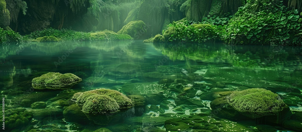 Fototapeta premium Even with the mossy water this picturesque photograph is visually striking with an abundance of green hues. Copy space image. Place for adding text and design