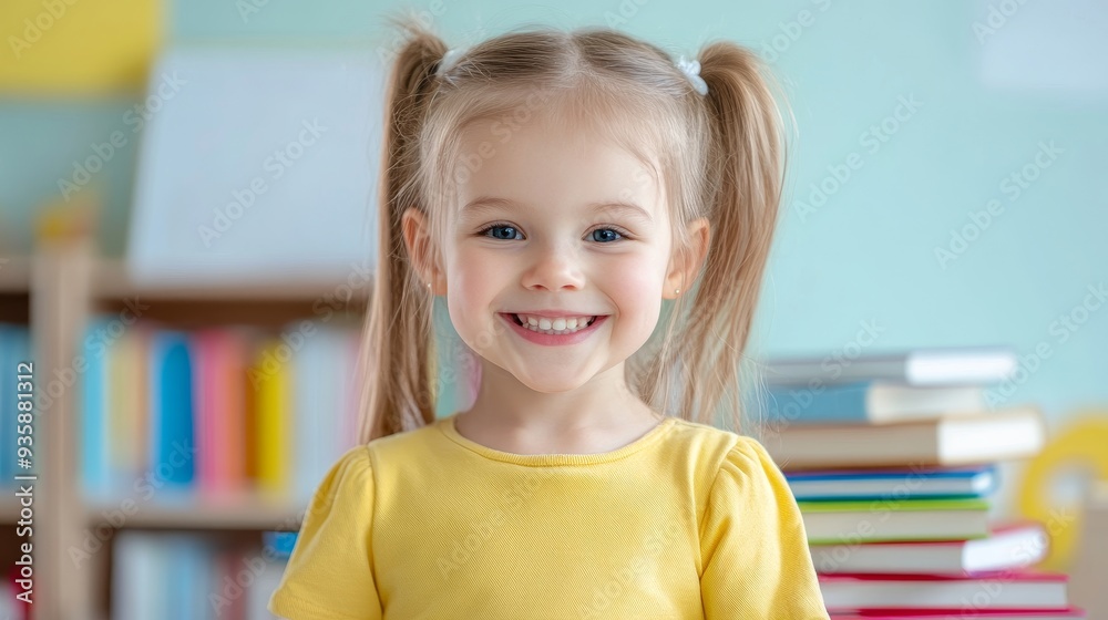 Happy Little Girl Smiling in a Library Setting - A young girl with pigtails smiles brightly, symbolizing joy, innocence, education, curiosity, and childhood. Happy Little Girl Smiling in a Library Setting - A young girl with pigtails smiles brightly, symbolizing joy, innocence, education, curiosity, and childhood.