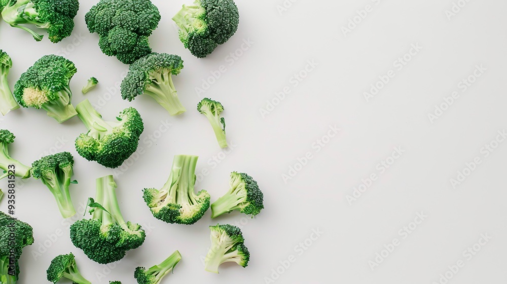 Fresh broccoli florets scattered on a plain white background, showcasing their vibrant green color and healthy appeal. Fresh broccoli florets scattered on a plain white background, showcasing their vibrant green color and healthy appeal.