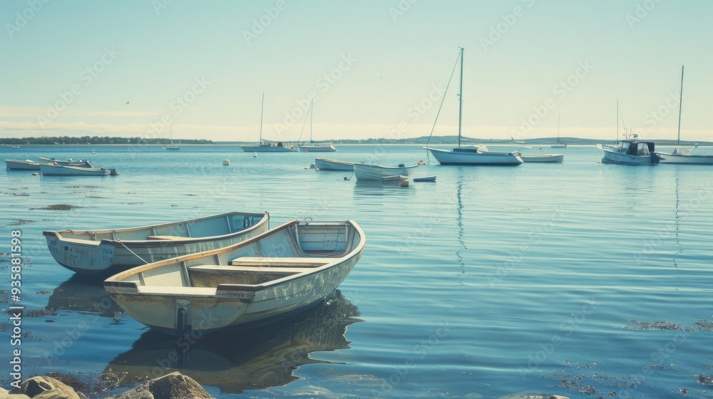 Tranquil coastal scene with a collection of small boats afloat on gentle waves, under soft sunlight creating a peaceful and nostalgic ambiance. Tranquil coastal scene with a collection of small boats afloat on gentle waves, under soft sunlight creating a peaceful and nostalgic ambiance.