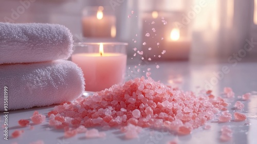 Pink himalayan salt being poured on table with towels and candles in background