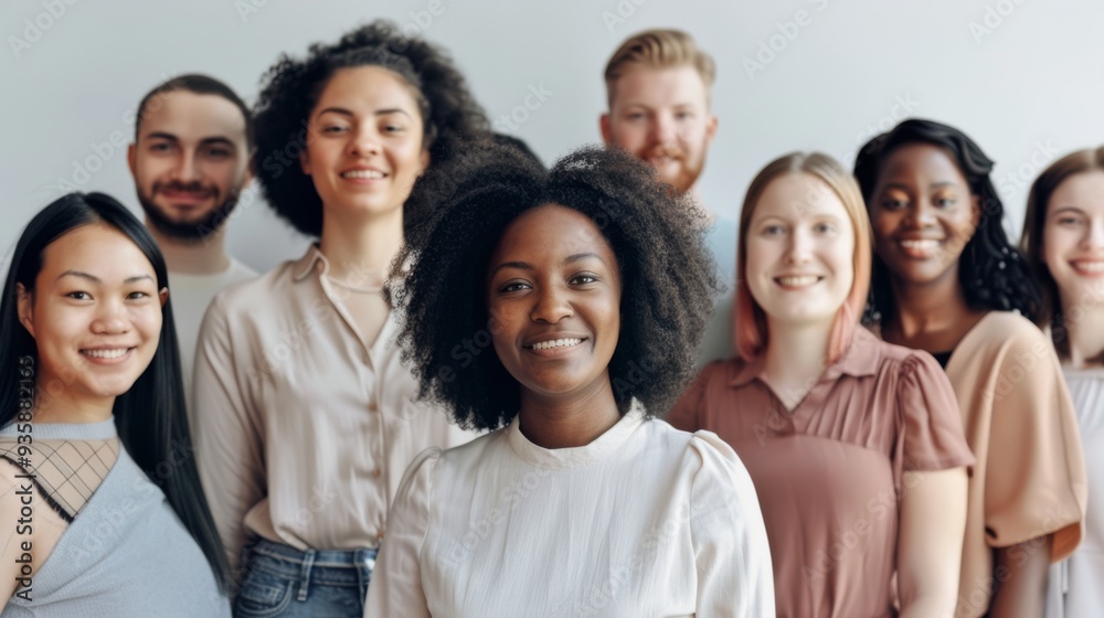 A diverse group of people stands together, smiling warmly, embodying unity and inclusivity, captured in a brightly lit and welcoming setting. A diverse group of people stands together, smiling warmly, embodying unity and inclusivity, captured in a brightly lit and welcoming setting.