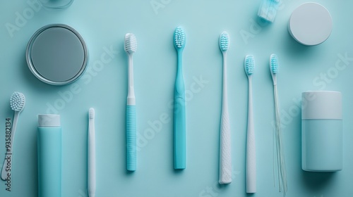 Essential oral hygiene products lying on a pastel blue background