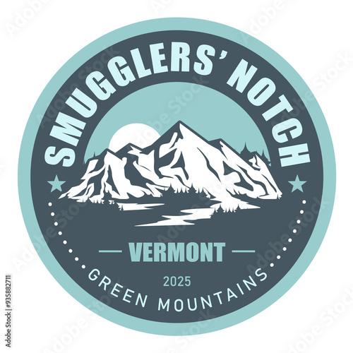 Smugglers Notch stamp, resort in Green Mountains in Vermont, Mount Mansfield emblem with snow covered peaks, vector