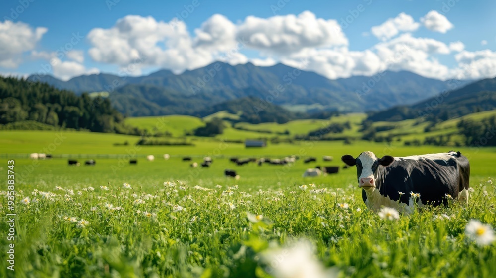 Fototapeta premium A serene landscape featuring a cow grazing in a lush green meadow with mountains in the background under a bright blue sky.