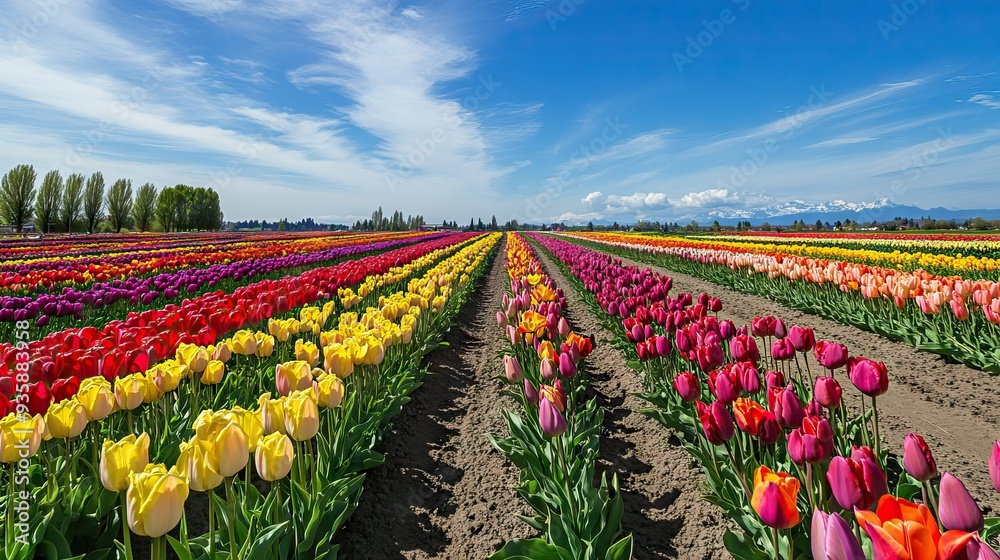 Expansive Field of Vibrant Tulips in Full Bloom, Stretching to the Horizon Under a Bright Sunny Sky. AI generated illustration