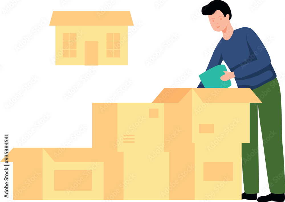 The boy is packing his things from home into cartons. The boy is packing his things from home into cartons.