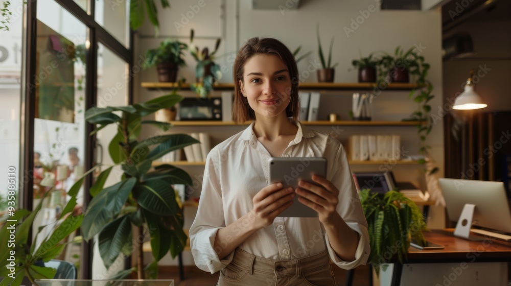 A young woman, wearing a white shirt, stands in a modern, plant-filled workspace holding a tablet, smiling confidently at the camera. A young woman, wearing a white shirt, stands in a modern, plant-filled workspace holding a tablet, smiling confidently at the camera.