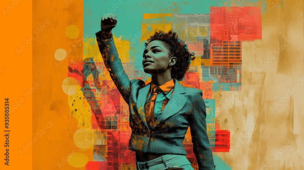 Fototapeta premium Young businesswoman raising fist in colorful collage
