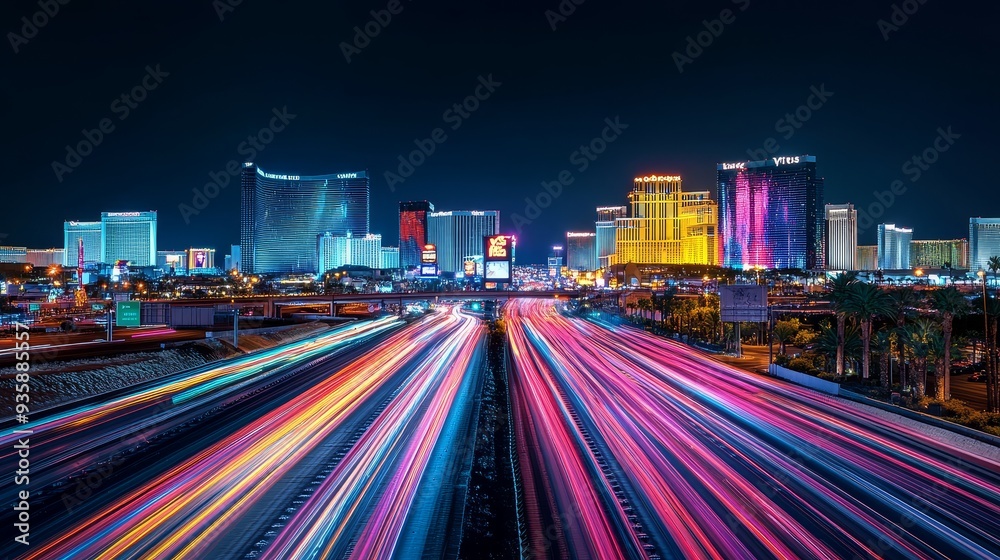Fototapeta premium Las Vegas Strip Night Lights and Traffic - A breathtaking view of the Las Vegas Strip at night, showcasing vibrant lights, fast-moving traffic, and the iconic skyline of the city.
