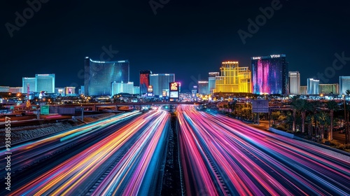 Las Vegas Strip Night Lights and Traffic - A breathtaking view of the Las Vegas Strip at night, showcasing vibrant lights, fast-moving traffic, and the iconic skyline of the city.