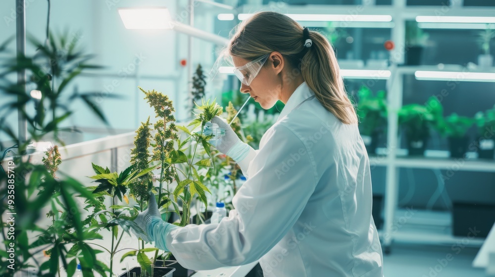 A scientist in a lab coat carefully investigates flowering plants in a high-tech research facility, surrounded by sophisticated equipment. A scientist in a lab coat carefully investigates flowering plants in a high-tech research facility, surrounded by sophisticated equipment.