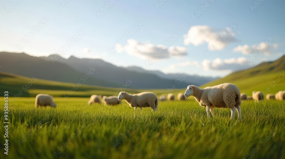 Fototapeta premium Serene landscape with sheep grazing in lush green grass under a bright sky, capturing the essence of rural tranquility.