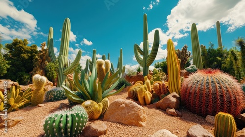 A desert scene with many cacti and a few trees photo