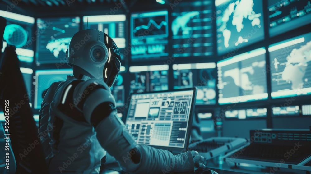 A futuristic control room with a person in a spacesuit operating a computer, surrounded by multiple screens displaying complex data and information under dim blue lighting.