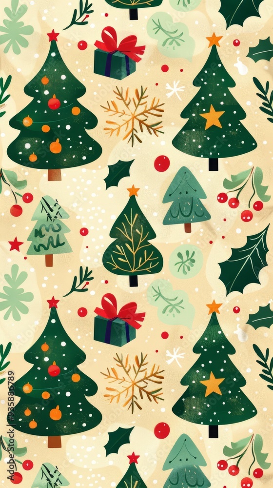 Whimsical Christmas tree pattern with presents, snowflakes, and holly on a beige background. Perfect for festive wrapping paper or holiday cards. Whimsical Christmas tree pattern with presents, snowflakes, and holly on a beige background. Perfect for festive wrapping paper or holiday cards.