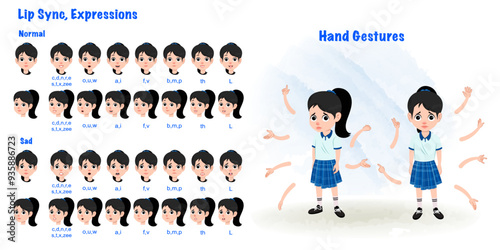 Girl cartoon character set in school uniform. Cartoon character model sheet. Cartoon character creation set with sad face expression and all hand gesture. Front sad standing pose and 1/3 standing pose photo